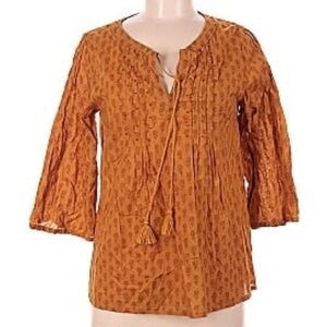 world market burnt orange tunic shirt S/M flowers ties v neck ruffles beaded